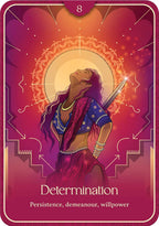 A stylized tarot card titled "Determination" with the subtitle "Persistence, demeanour, willpower." The card features an illustrated woman in a purple and blue sari looking upward with a sword, set against a glowing orange and pink mandala-like circular design.