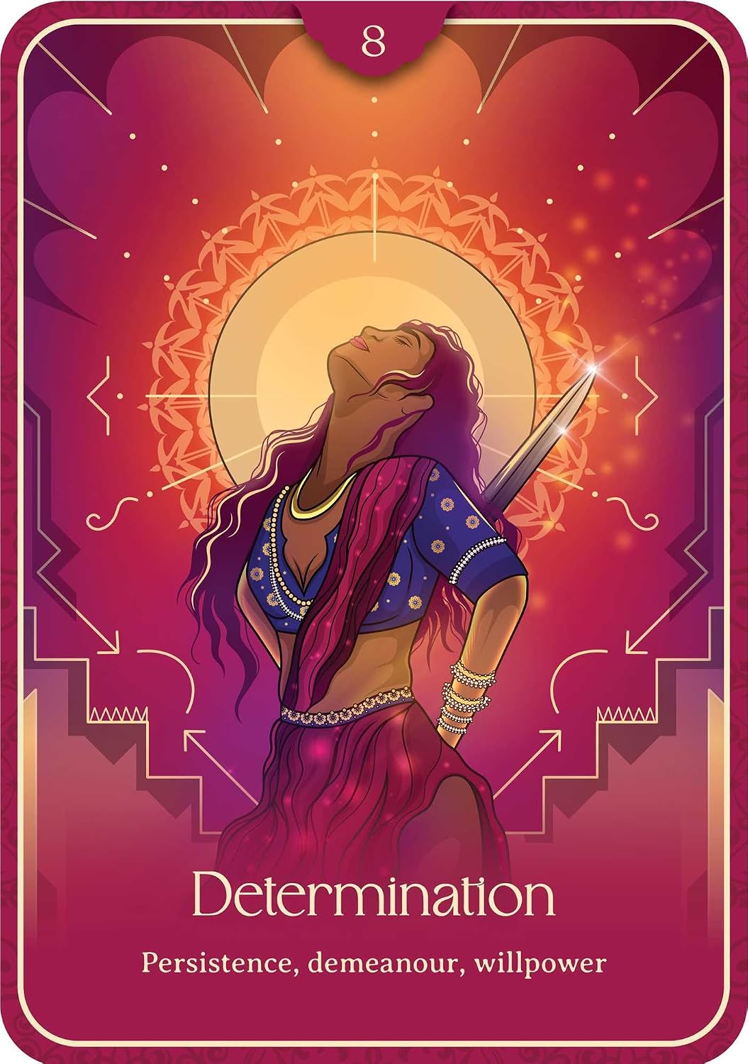 A stylized tarot card titled "Determination" with the subtitle "Persistence, demeanour, willpower." The card features an illustrated woman in a purple and blue sari looking upward with a sword, set against a glowing orange and pink mandala-like circular design.