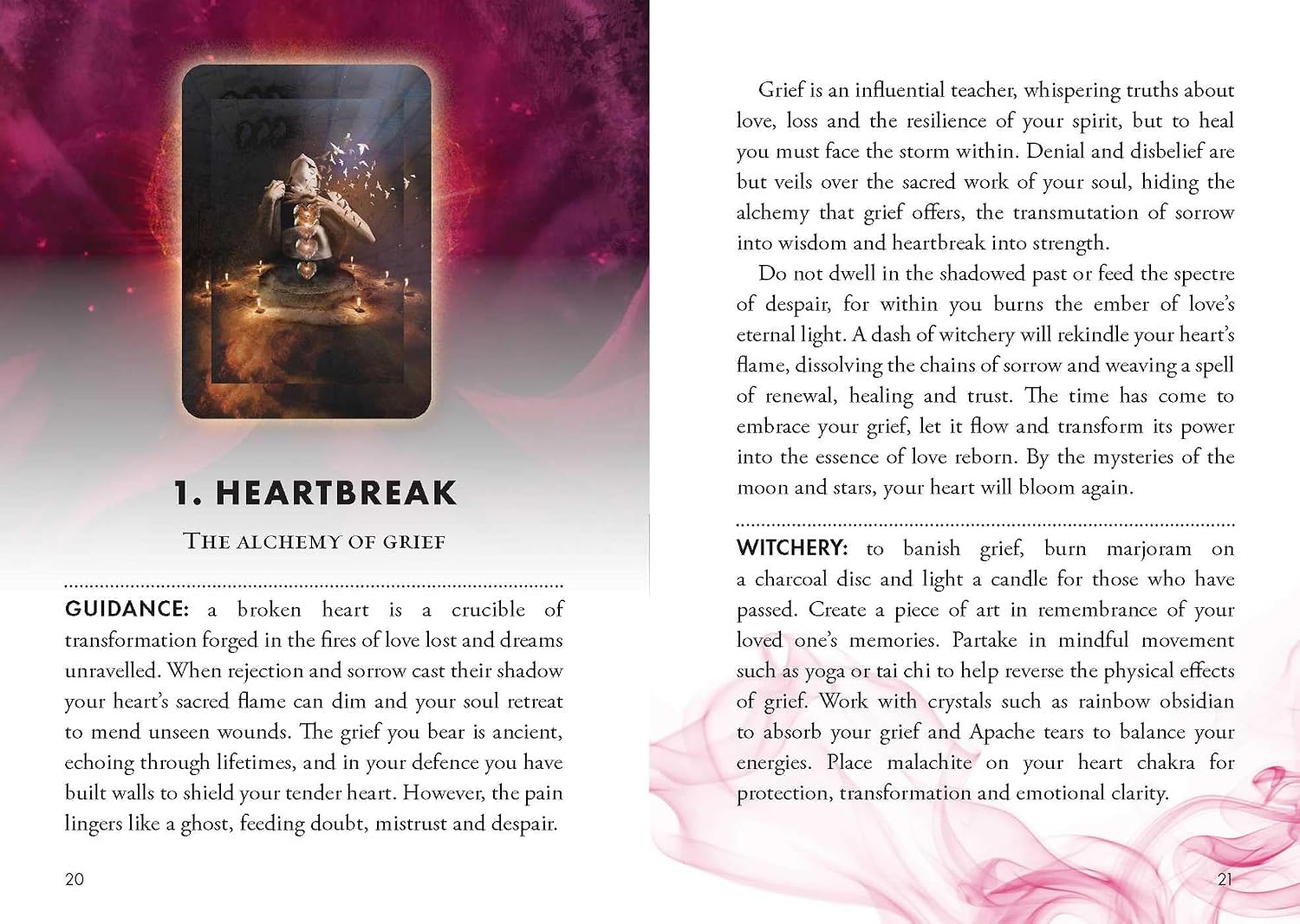 Card from a tarot or oracle deck with a mystical design and text on grief and heartbreak.