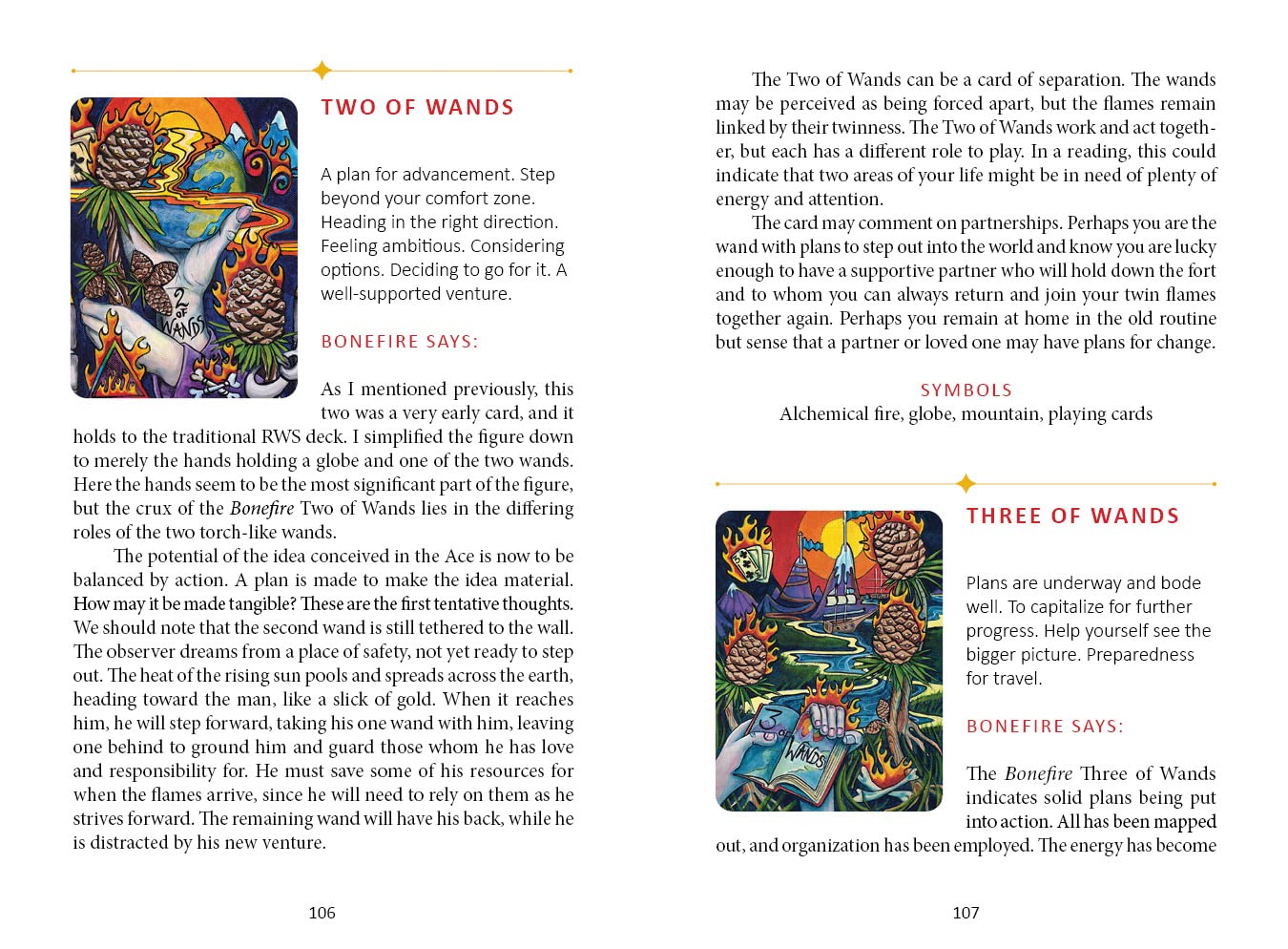 Page from a book or guide featuring illustrations of 'Two of Wands' and 'Three of Wands' cards with text and explanations.