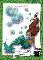 Mermaid illustration with bubbles on a green patterned background