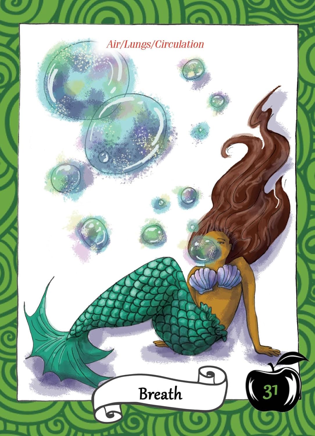 Mermaid illustration with bubbles on a green patterned background