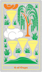 Card from a tarot deck featuring four yellow cups, a tree, and clouds on a gray background.