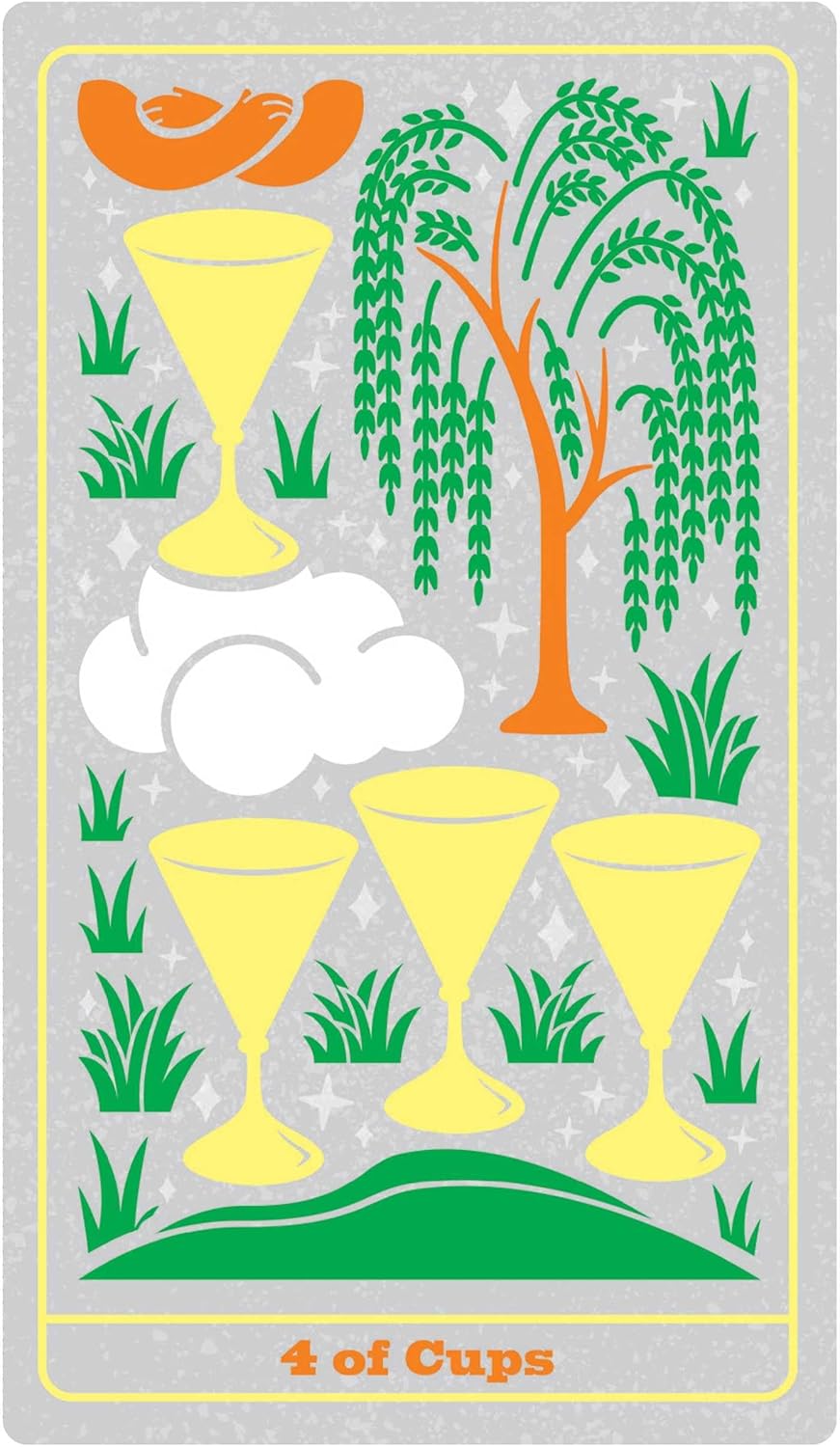 Card from a tarot deck featuring four yellow cups, a tree, and clouds on a gray background.