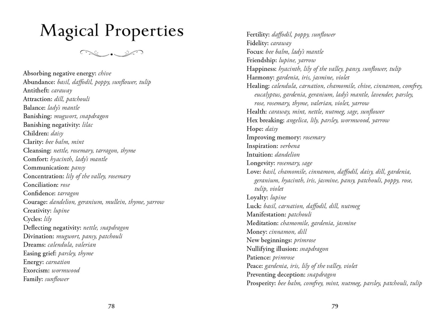 Page from a book or document listing magical properties with text and numbers.