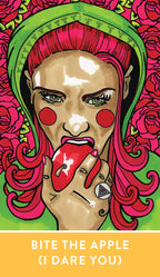 Illustration of a person with red hair and tongue, holding an apple, with a colorful background and text.