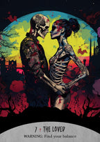 Skeletal couple embracing with a colorful, abstract background and 'The Lover' text.