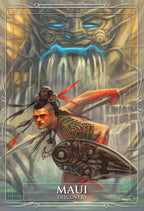 Illustration of a warrior with tattoos and armor, standing in front of a large creature with glowing eyes, titled 'MAUI Discovery'.