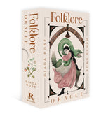 Folklore Oracle card box with illustration of a woman in a green dress and hat on a white background