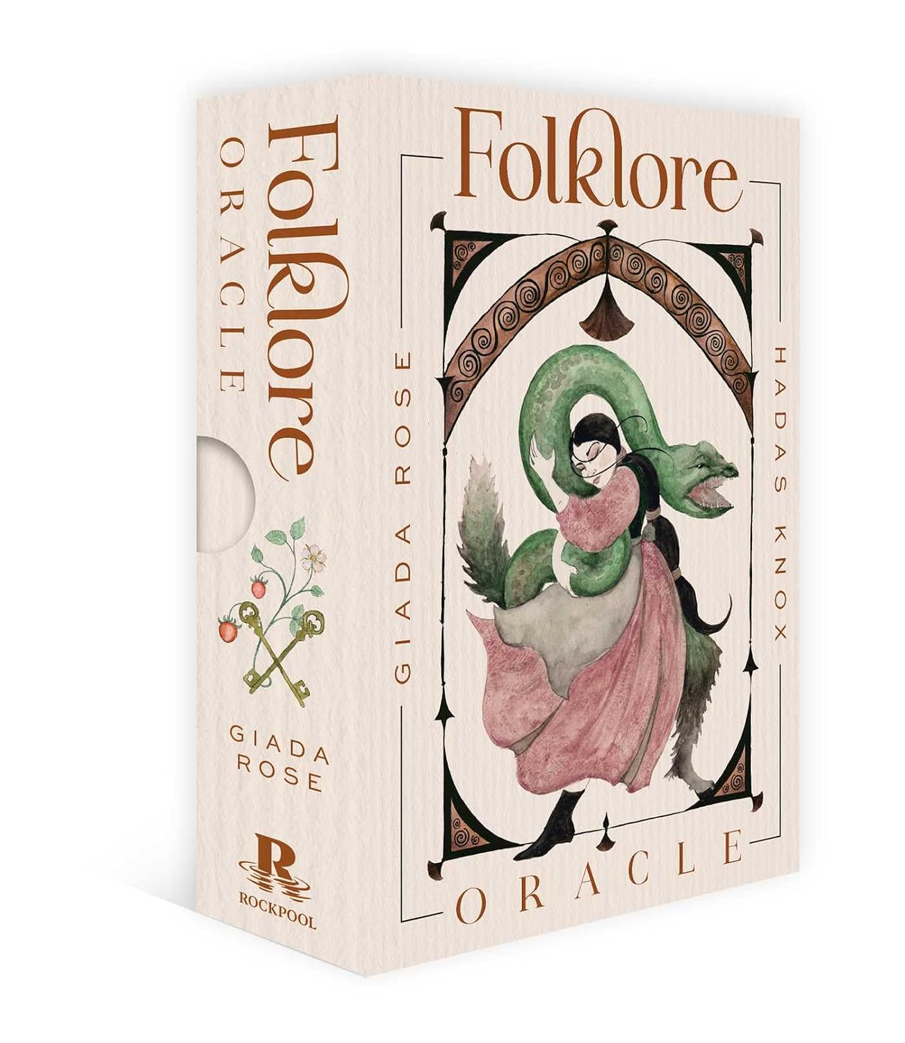 Folklore Oracle card box with illustration of a woman in a green dress and hat on a white background