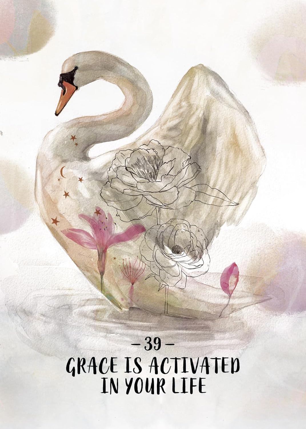 Decorative image of a swan with floral elements and text 'Grace is activated in your life' on a light background.
