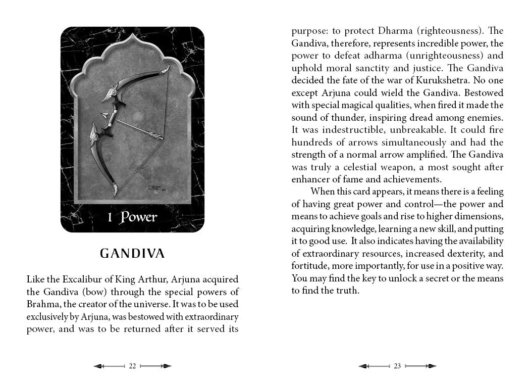 Gandiva weapon illustration with descriptive text on a book page layout.