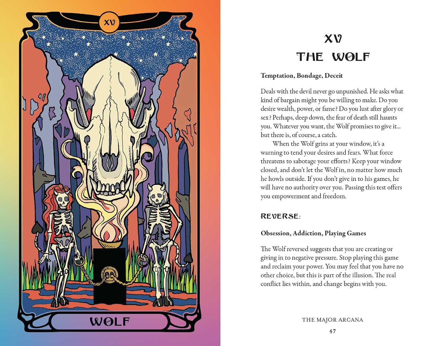An open book showing the 'The Wolf' tarot card from The Major Arcana. The left page features a colorful, illustrated tarot card with a wolf, a skeleton, and a cauldron, while the right page displays the corresponding text explanation on a white background.
