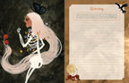 A split design showing an illustrated side with a pale-skinned skeleton figure with long white hair, a black butterfly, and red apples on a dark textured background, and a lined journal page titled 'Grieving' with a black bird on a tan background.