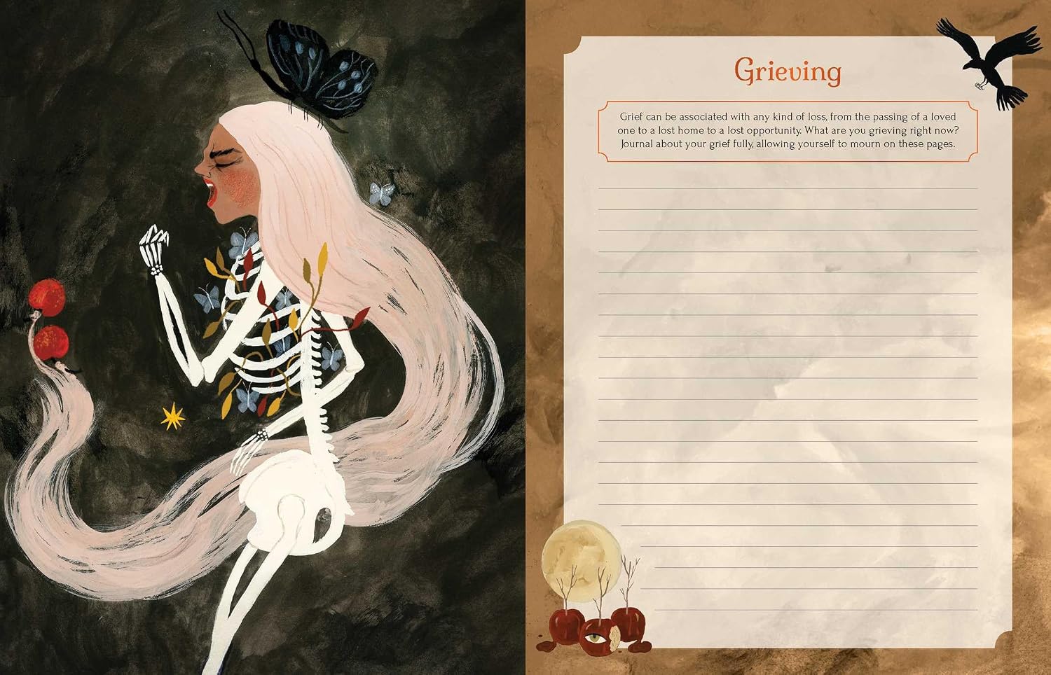 A split design showing an illustrated side with a pale-skinned skeleton figure with long white hair, a black butterfly, and red apples on a dark textured background, and a lined journal page titled 'Grieving' with a black bird on a tan background.