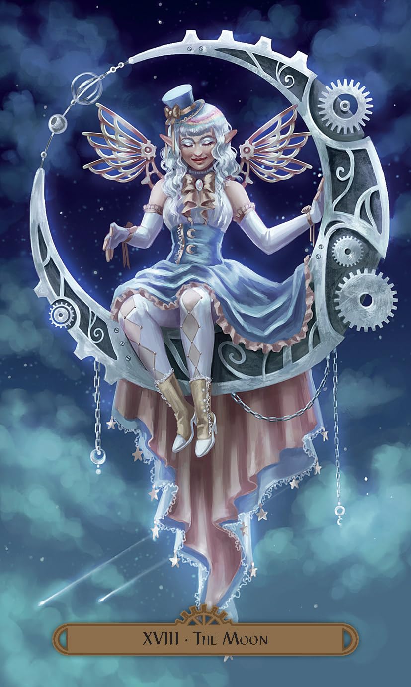Fairy sitting on a crescent moon with mechanical elements against a starry night sky.