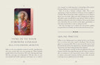 Book page with a card featuring a woman in a pink robe and text on a beige background