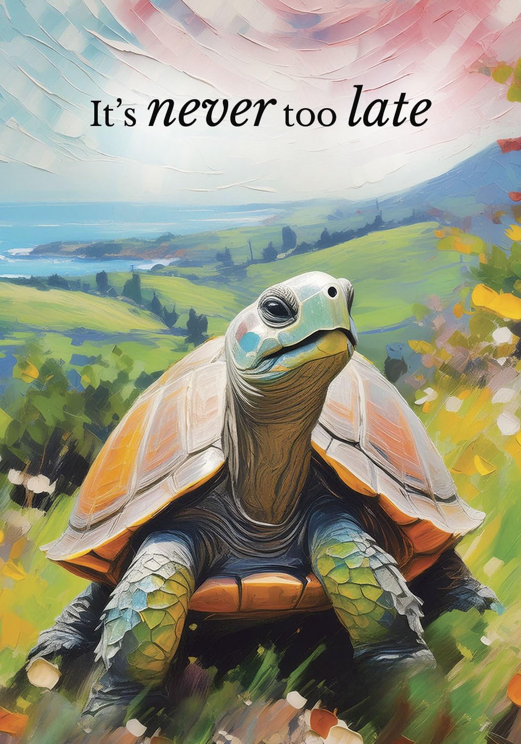 Tortoise in a scenic landscape with 'It's never too late' text
