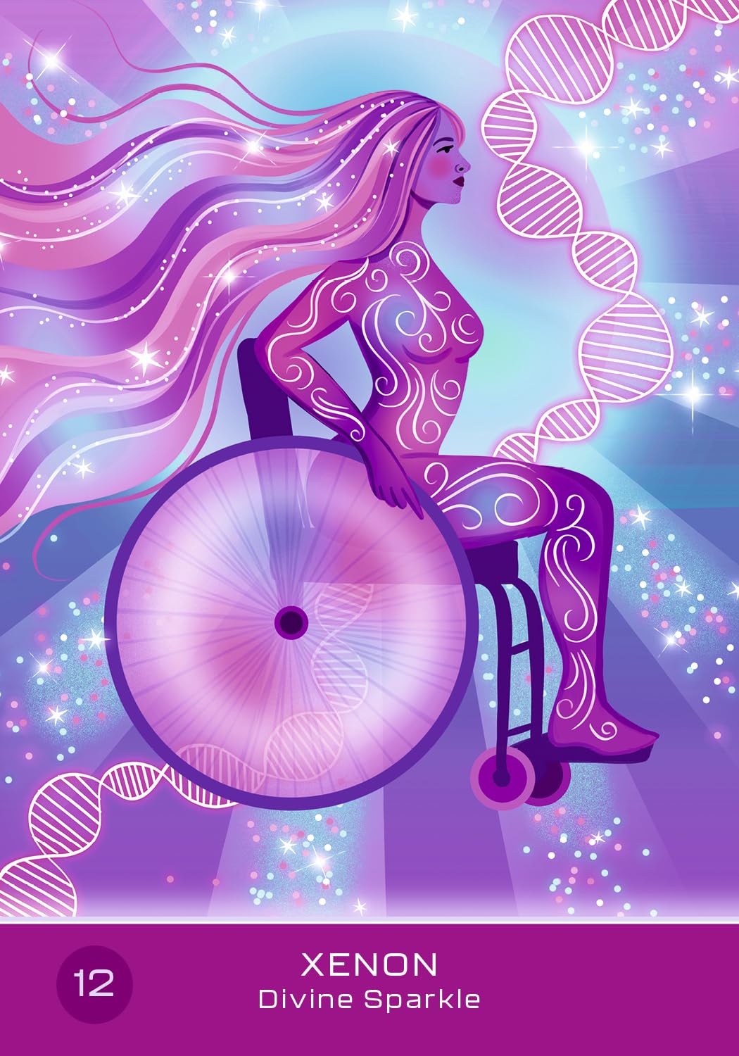 Illustration of a person in a wheelchair with flowing hair against a purple and blue gradient background.