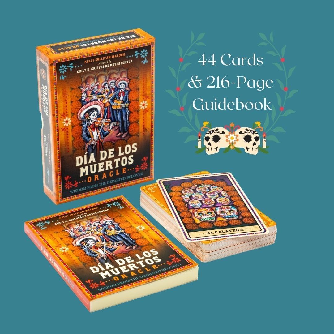 Dia de los Muertos oracle cards with packaging and guidebook on a teal background