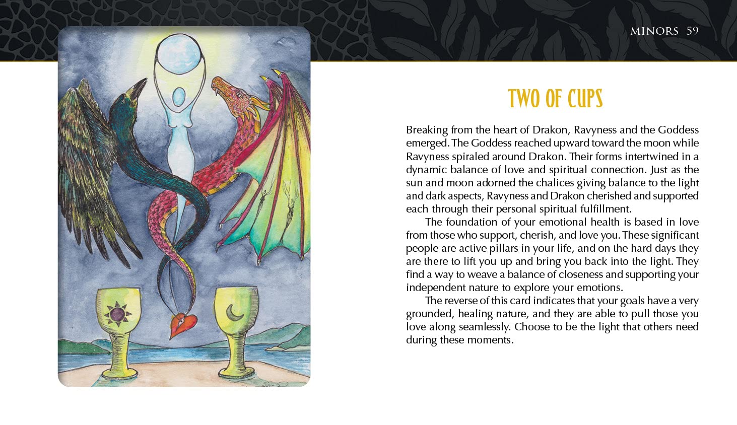 Card from a tarot deck with two birds and a figure, accompanied by descriptive text.