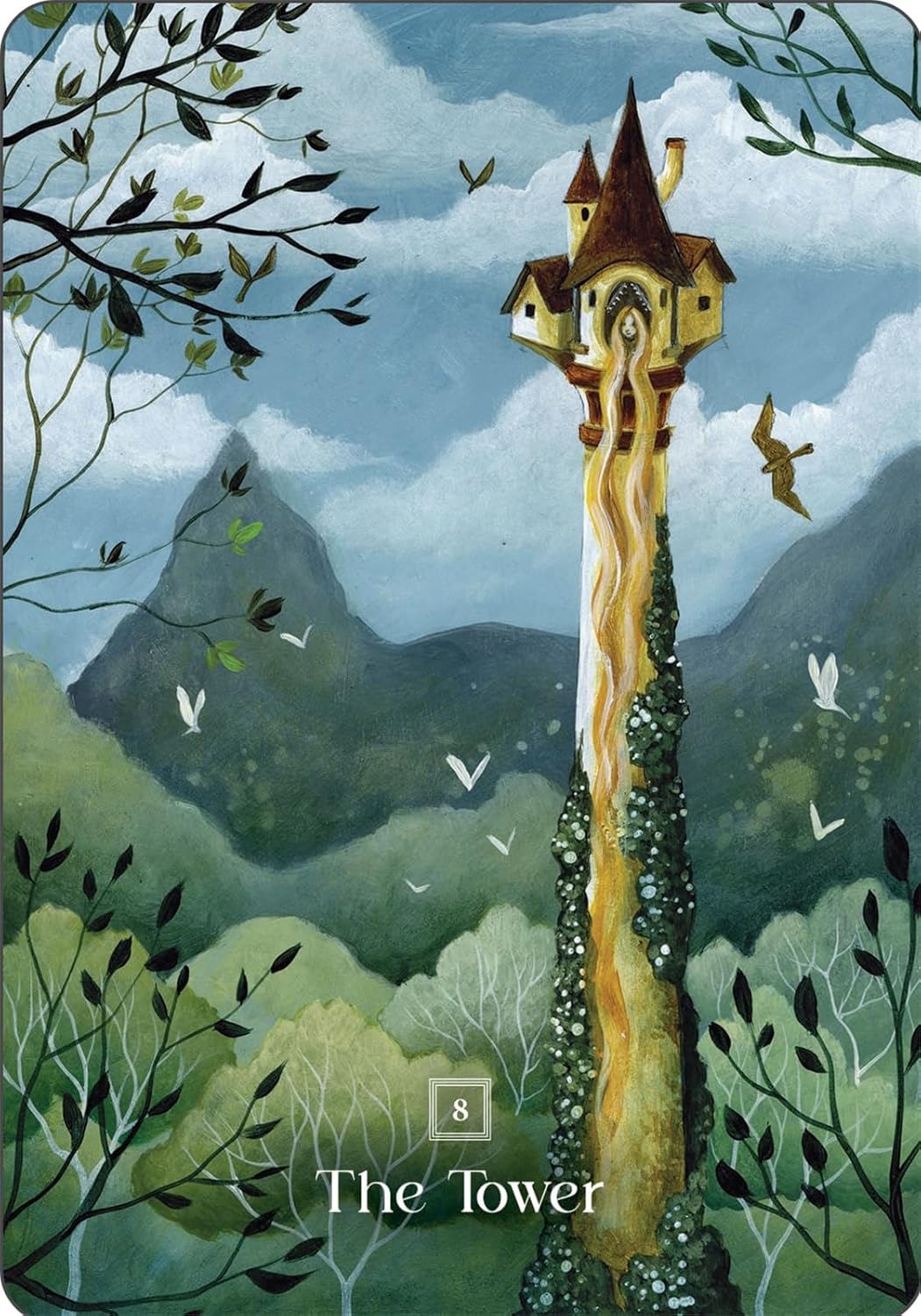 Fantasy illustration of a tall tower in a forest with mountains in the background