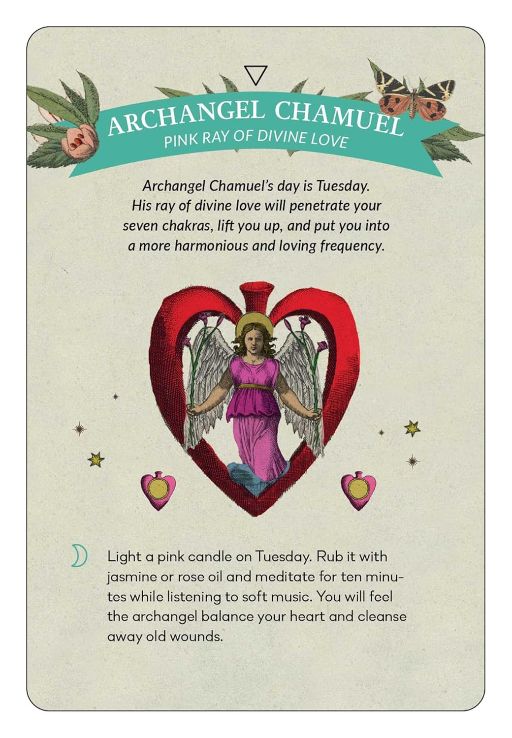 Card featuring Archangel Chamuel with a pink heart and angelic figure, titled 'Pink Ray of Divine Love'.