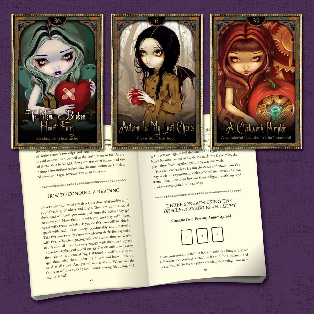 Three illustrated cards of fairies with corresponding text on a purple background