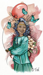 Illustration of a girl with blue hair and a red balloon surrounded by butterflies and flowers.