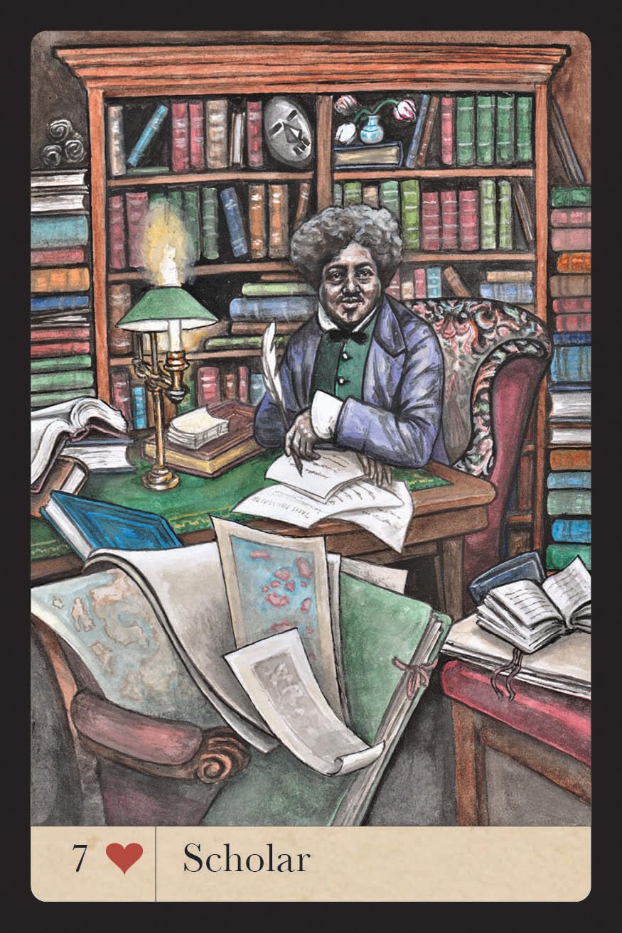 Card featuring a scholar at a desk with books and a lamp, labeled '7 Scholar'.