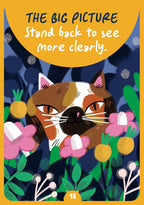 A stylized illustrated cover or page featuring a cat peeking through flowers, with large text at the top reading “THE BIG PICTURE Stand back to see more clearly.” The design uses a mustard yellow arc, dark blue foliage, green leaves, pink flowers, and brown-and-white cat fur.