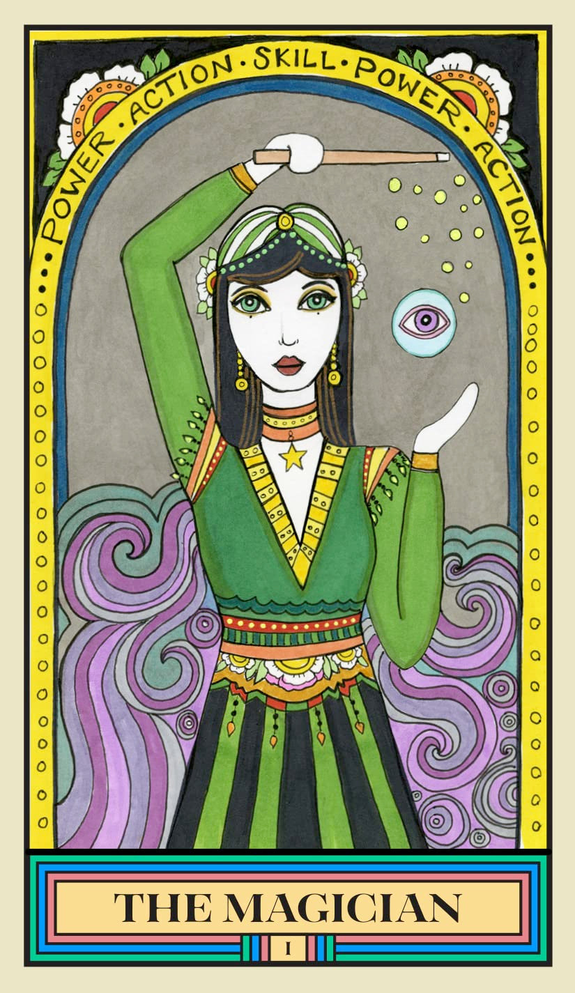 Tarot card featuring 'The Magician' with a stylized illustration of a person in a green outfit holding a wand.