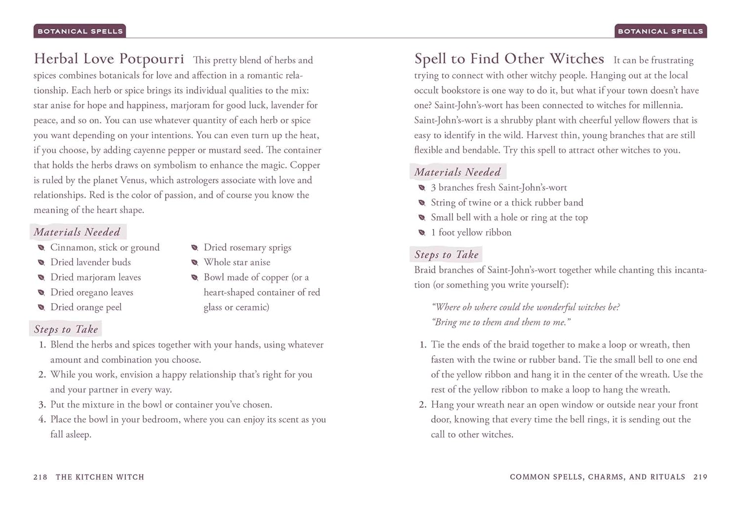 Page from a book titled 'The Kitchen Witch' with text on spells and rituals.