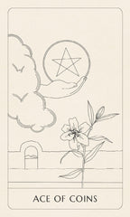 Line art design of a tarot card titled 'Ace of Coins' with a pentacle, hand, clouds, and flower.