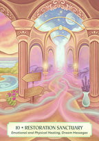 Illustrated cover art for '10 * Restoration Sanctuary' featuring a pastel-colored fantasy scene of an arched hall with columns, a glowing pathway, moon and stars in the sky, and signposts reading 'Healing Vaults' and 'Sleep Chambers'.