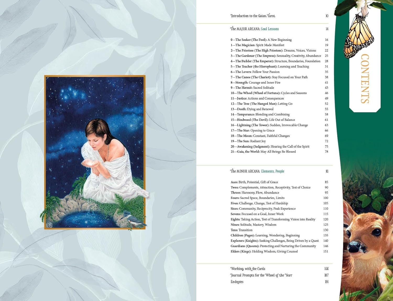 Book or magazine page with a woman in a white dress sitting on a rock, surrounded by nature, and a list of contents on the right.