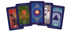 Set of tarot cards with colorful designs and symbols on a white background