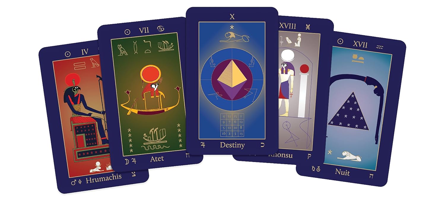 Set of tarot cards with colorful designs and symbols on a white background
