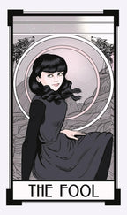 Tarot card featuring a character labeled 'The Fool' in a stylized design.
