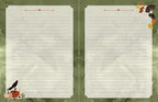 A two-page lined writing pad or notepad with a rustic autumn design. The pages are cream-colored with a subtle paper texture, set against a mottled sage green background.