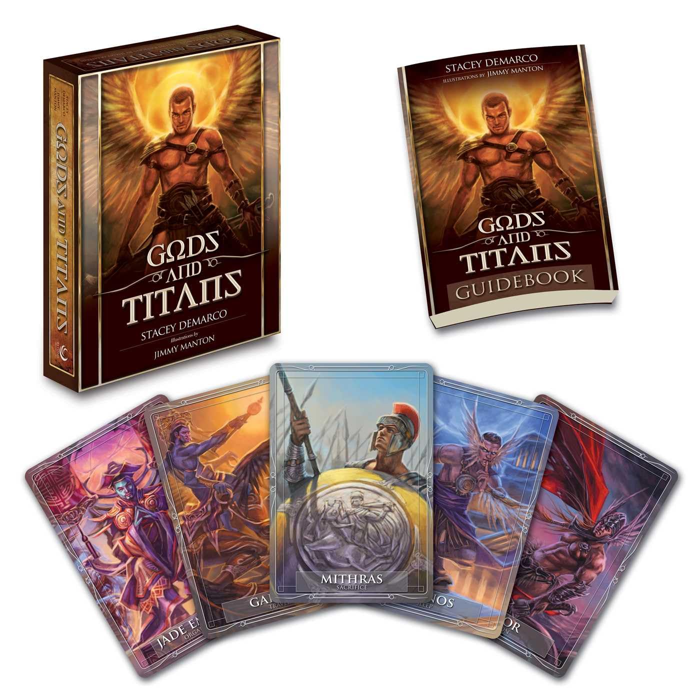 Gods and Titans card game set with box and cards on a white background