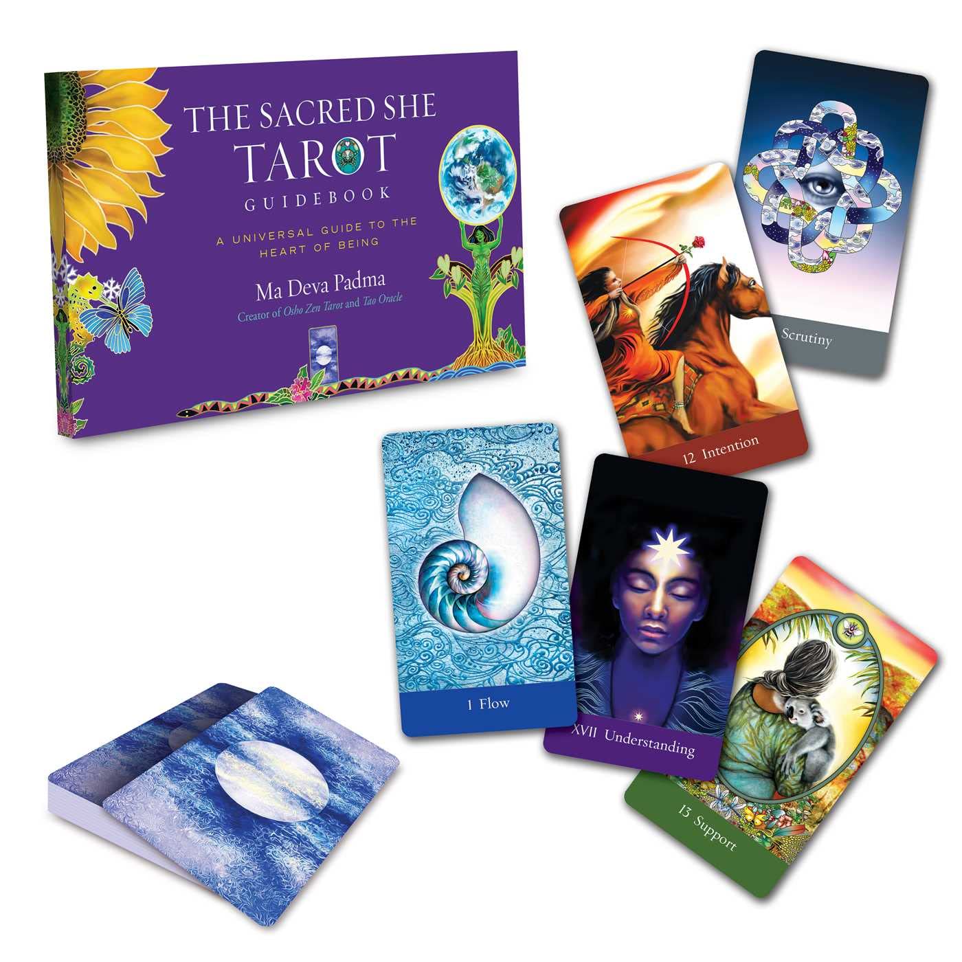 Sacred She Tarot cards with guidebook on a white background