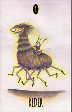 Card with a creature and a small figure on its back, labeled 'Rider'.