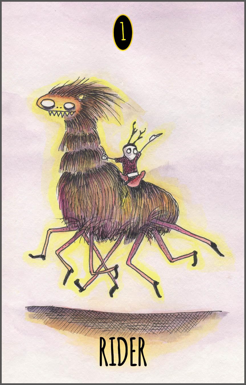 Card with a creature and a small figure on its back, labeled 'Rider'.