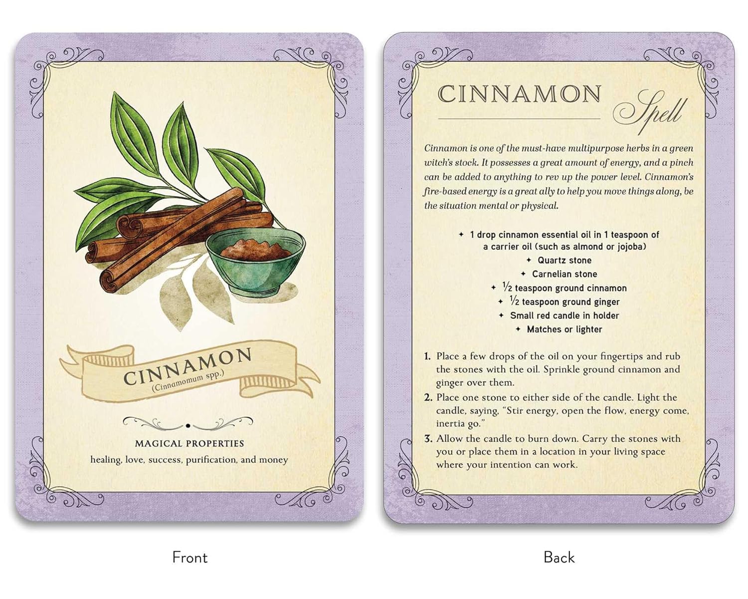 Two cards showing the front and back of a cinnamon spell card with illustrations and text.