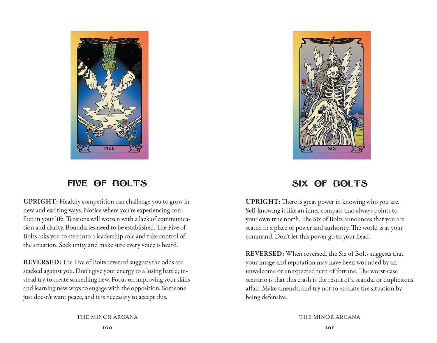 A two-page spread from a tarot card deck booklet, showing the 'Five of Bolts' and 'Six of Bolts' cards. The left page features the text 'FIVE OF BOLTS' with explanatory text below, and the right page features 'SIX OF BOLTS' with text above and the card illustration below.