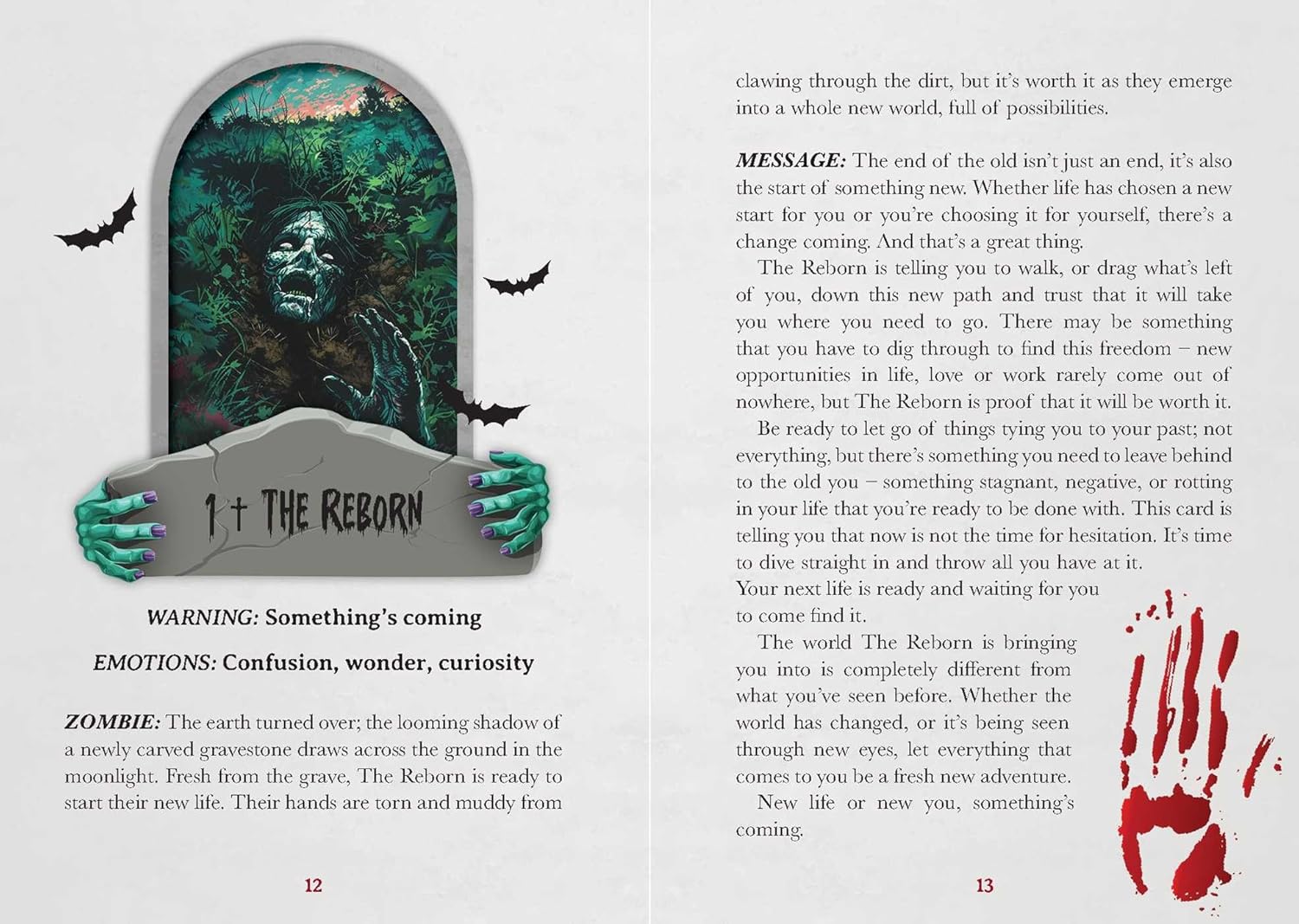 Page from a book with a zombie holding a sign titled 'I + The Reborn' and text about new beginnings.