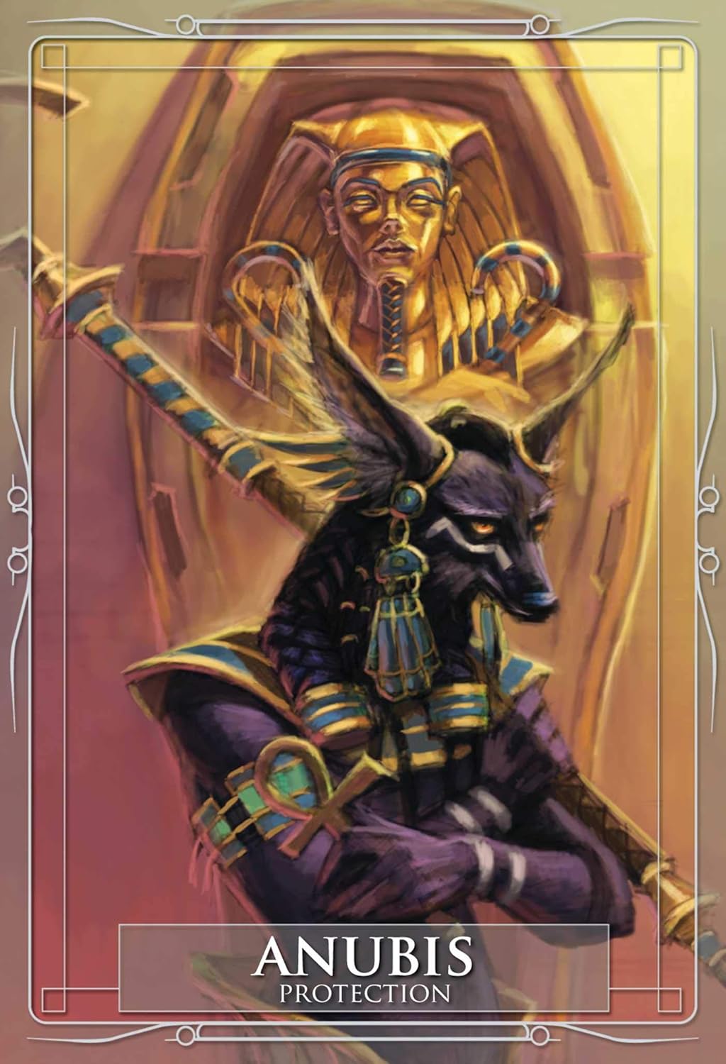 Card featuring the Egyptian god Anubis with a sphinx head, set against a warm-toned background.
