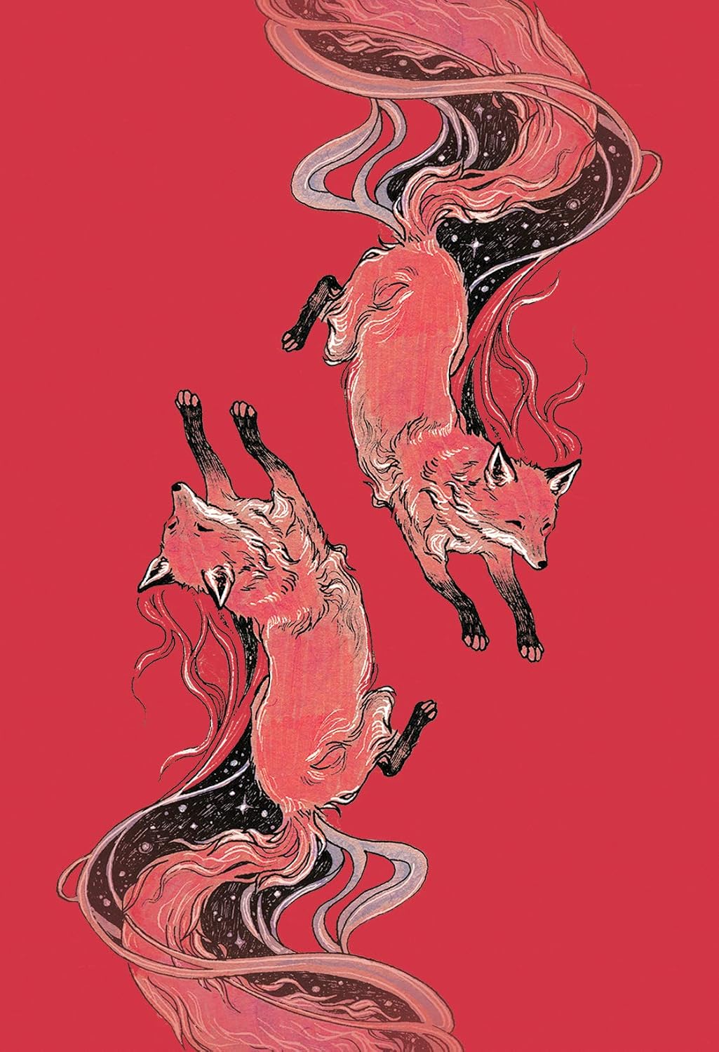 A stylized illustration of two pink foxes with flowing multicolored tails on a solid red background.