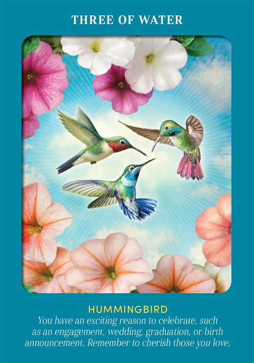 Card with hummingbirds and flowers, featuring text about celebration and cherishing loved ones.